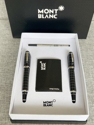 Montblanc Black Grid Silver Trim Pen Set - Includes Mystery Black M Refill & Box