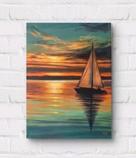 Segelboot Meereslandschaft Gemälde Sonnenuntergang Marine Kunst Ozean Wandbild 