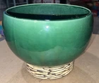Mid Century McCoy Footed Pottery Planter 7"x 9" Pedestal Sphere Bowl Jade Green