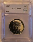 1967 50c SMS Kennedy Half Dollar ICG MS68 Proof Coin  BU Silver