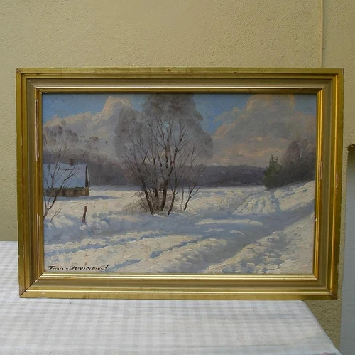 Finn Wennerwald.  Fine oil. Snow-covered countryside. 1940s.