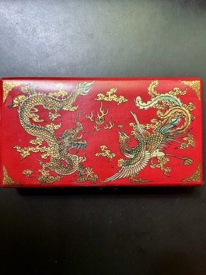 Chinese Abacus Decorative Red Box Dragon Phoenix w/ Booklet Approx. 10'' x 5''