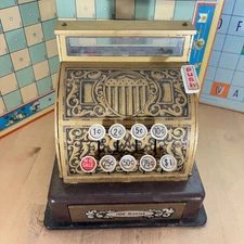 Vintage Durham Industries Toy Cash Register, Lithographed Tin and Plastic, 7.5"h