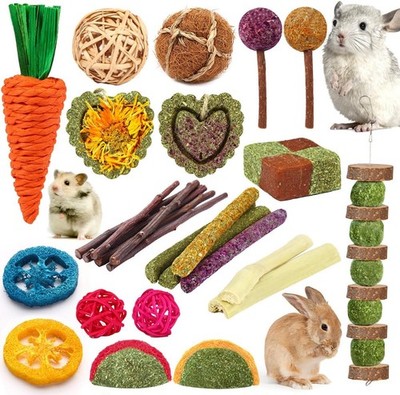 Rabbit & Guinea Pig Toys - Natural Timothy Hay & Apple Wood Sticks for 27 Pcs 