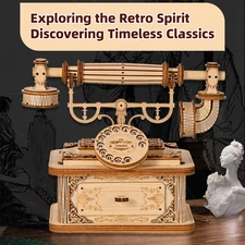 Wooden European Retro Telephone Model DIY 3D Puzzles Storage Space Assembly Toys