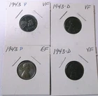 1943 P & D Lincoln Cents Fine 4 coin Lot
