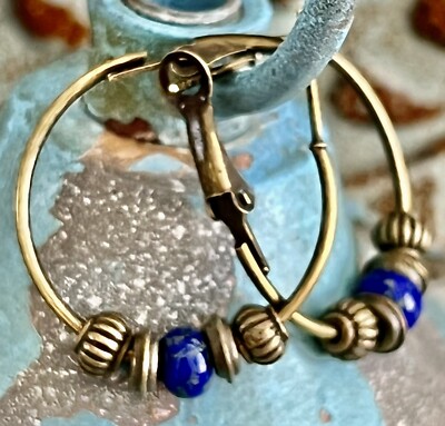 Blue Picasso Glass and Bronze Lever Back Hoop Earrings