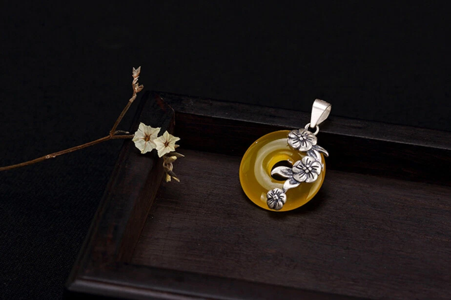 K02 Anhänger runder gelber Chalzedon mit Blumen verziert Sterling Silber 925 - Bild 2 von 3