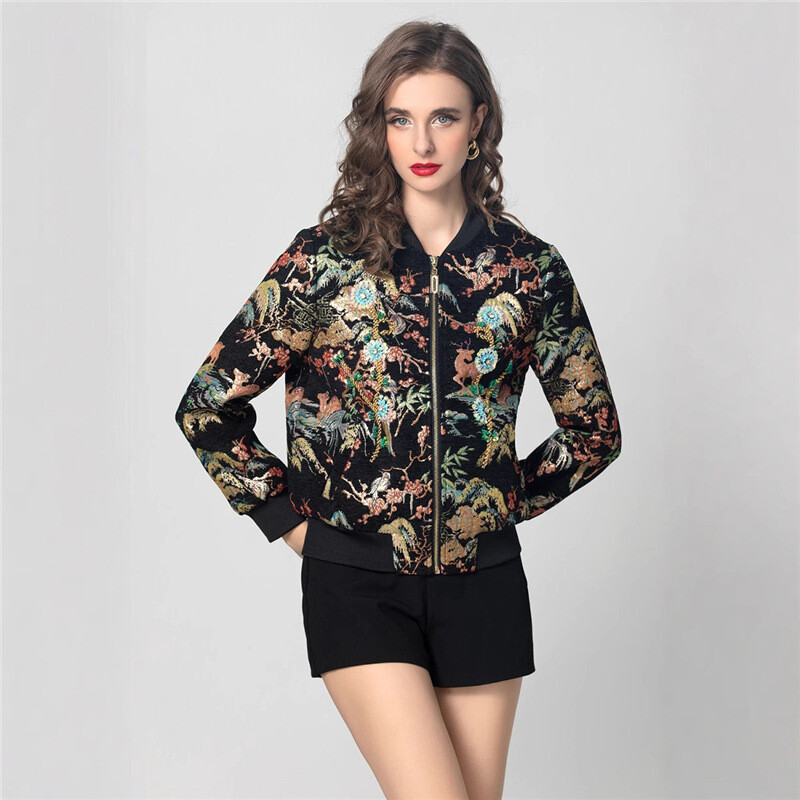 Round Neck Baseball Jacket Retro Beaded Jacquard Black Fashion Top Women Coats