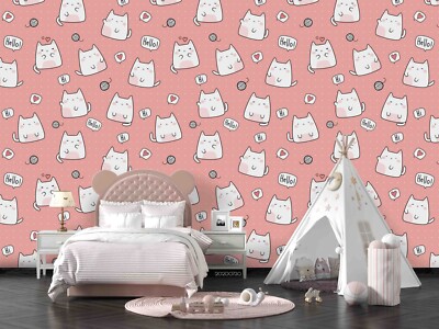3D Cartoon Cat Yarn Ball Pattern Self-adhesive Removeable Wallpaper Wall Mural