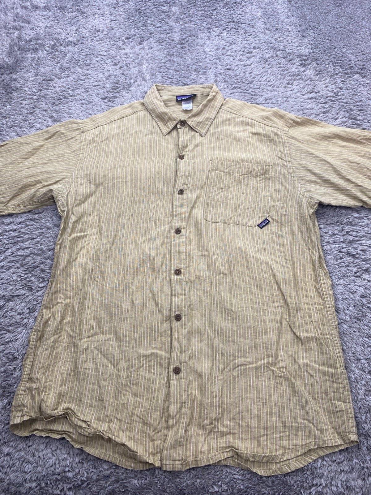 Patagonia Shirt Mens Large Yellow Fair Isle Striped HEMP Short Sleeve Button Up