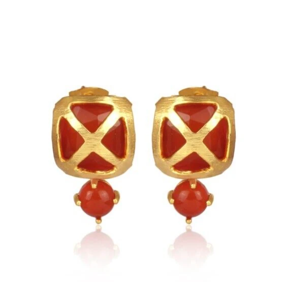 Carnelian Set Turkish Style Designer Stud Gold Earrings Jewelry For Women Gifts - Image 3 of 4