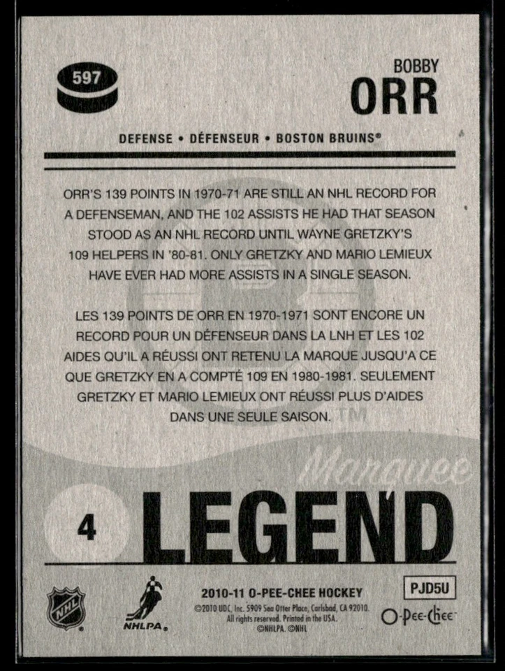 2010-11 O-Pee-Chee Legends retro Bobby Orr #597 - Image 2 of 2