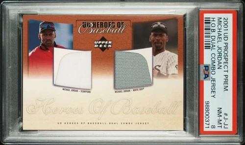 MICHAEL JORDAN 2001 UPPER DECK DUAL GAME USED JERSEY BASEBALL CARD #J-JJ PSA 8