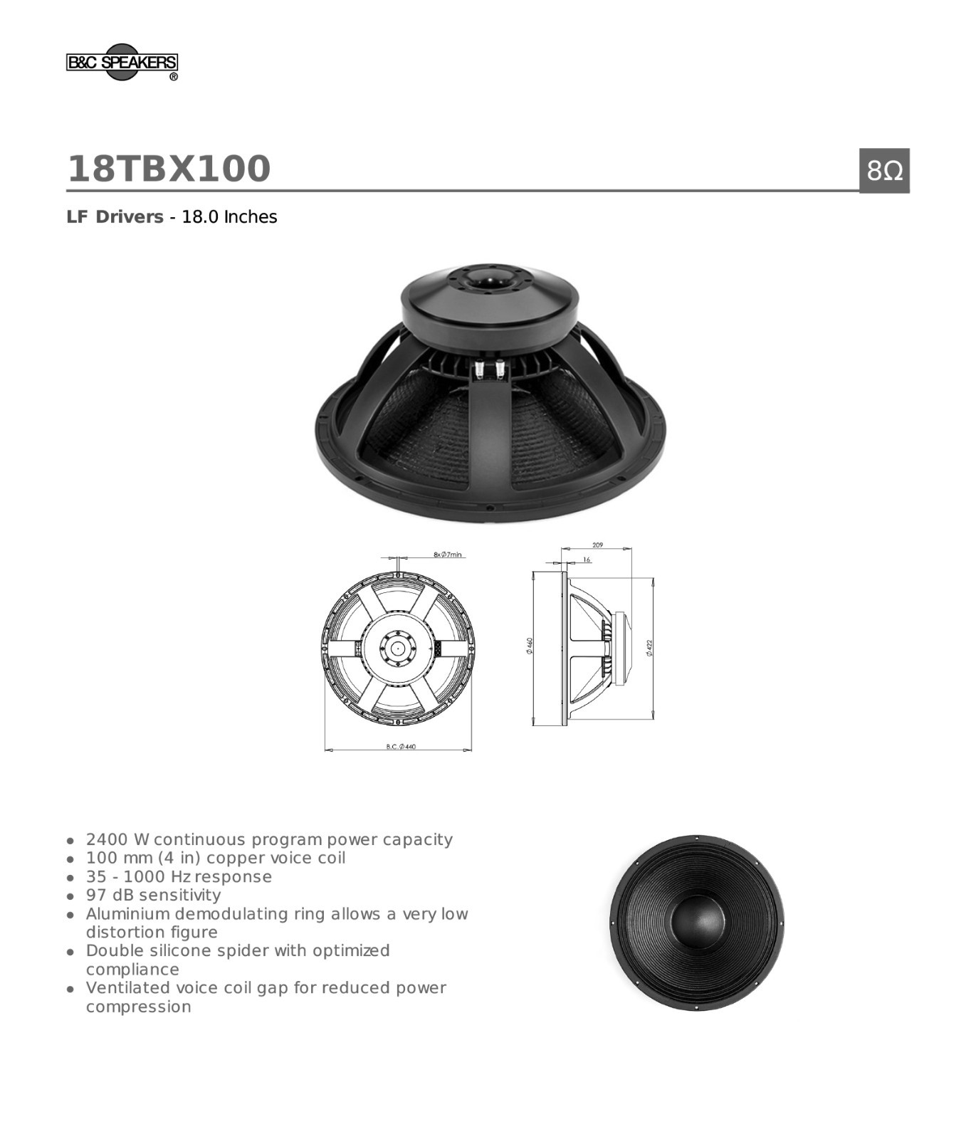 4 X B C 18TBX100 18 Low Frequency 2400W Subwoofer 8 Ohms 97 0 DB 35