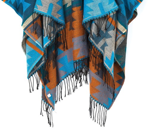 Women's Printed Tassel Open front Poncho Cape Cardigan Wrap Shawl Series 4-Blue - Picture 5 of 6