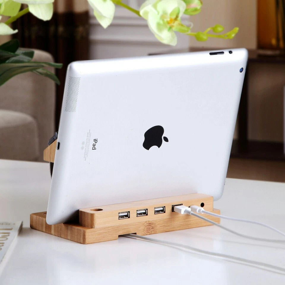 4 Port USB Wooden Charging Stand Dock Station Hub For iPhone iWatch Samsung iPad - Image 2 of 4