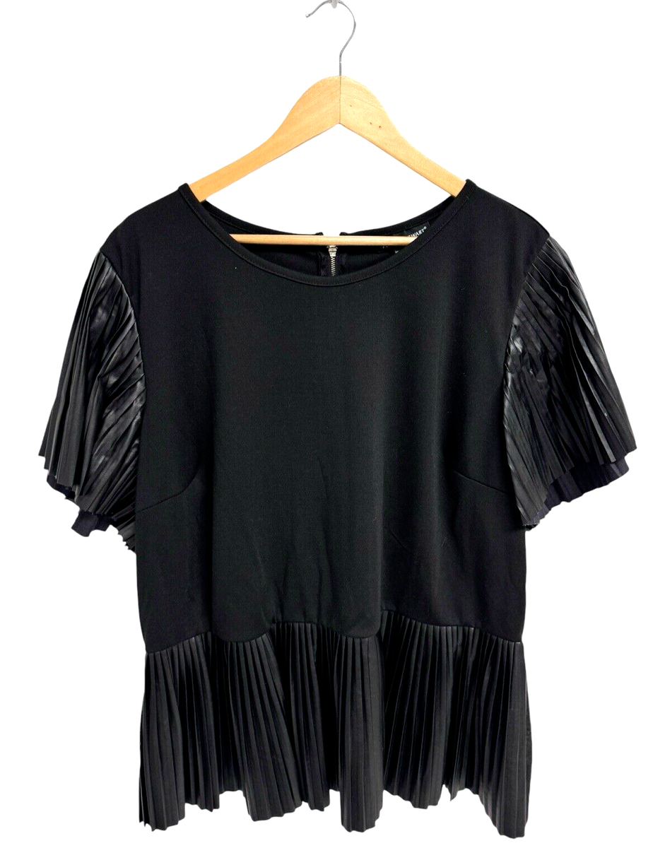 Ashley Stewart women's peplum top pleated faux leather sleeve