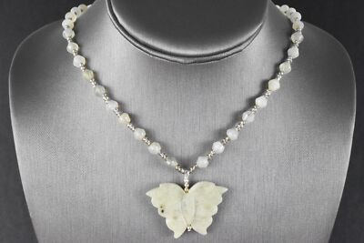 22'' Natural Light Green Serpentine Bead & Carved Butterfly Pendant Necklace
