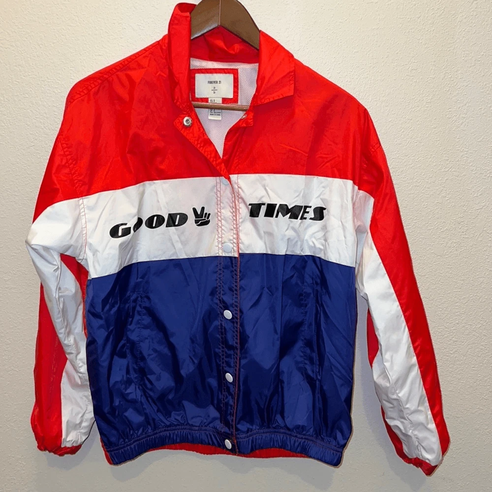 Forever 21 Jacket Women Small Red Good Times Windbreaker Snap Front Bomber