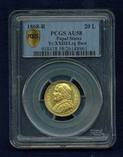 ITALY PAPAL STATES 1868 20 LIRE GOLD COIN ALMOST UNCIRCULATED CERTIFIEDPCGS AU58
