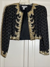 AJ BARI Matador Bolero Coat Silk Sequin Beaded Jacket Gold Black Bronze Sz 12