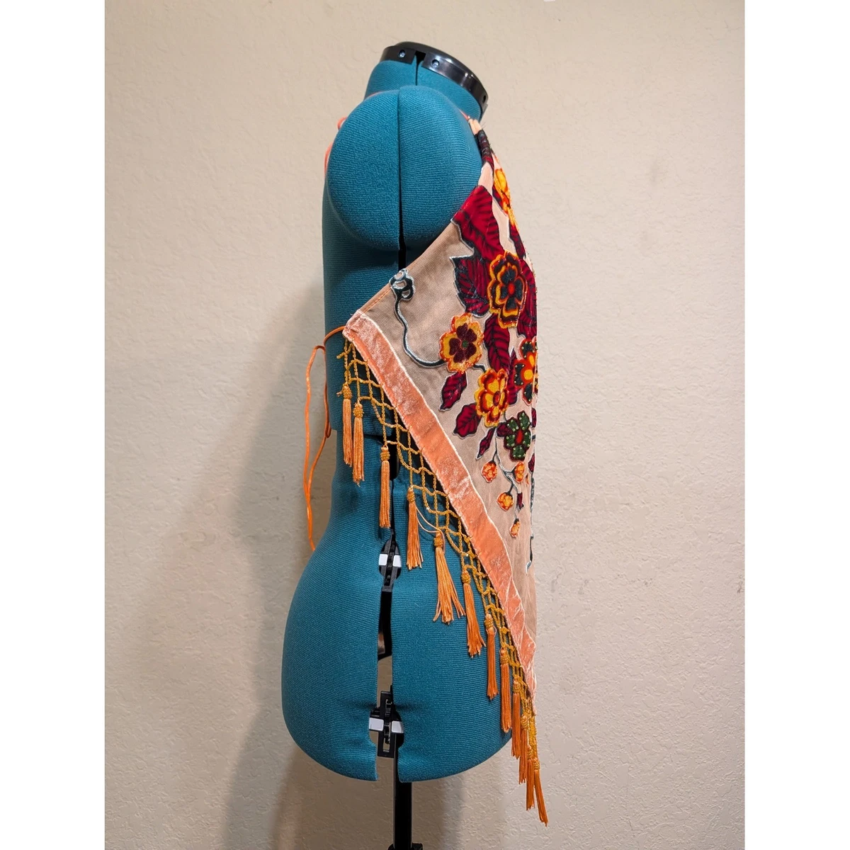 Aris A Silk Velvet Burnout Halter Top Peach Orange Beaded Tassel Whimsigoth
