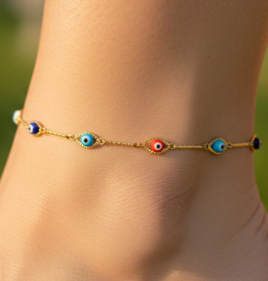 Multicolor Evil Eye Anklet Gold Plated Designer Dainty Protection Charm Chain