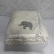 Carters Super Cuddly Soft White Minky Baby Blanket Grey Elephant Embroidery