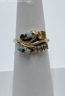 13.5K Yellow Gold Multi Gemstone Bypass Cluster Ring Opal Turquoise Size 5 3.7g
