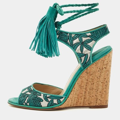 Paul Andrew BlueSilver Fabric and Suede Ankle Tassel Tie Wedge Sandals Size 40