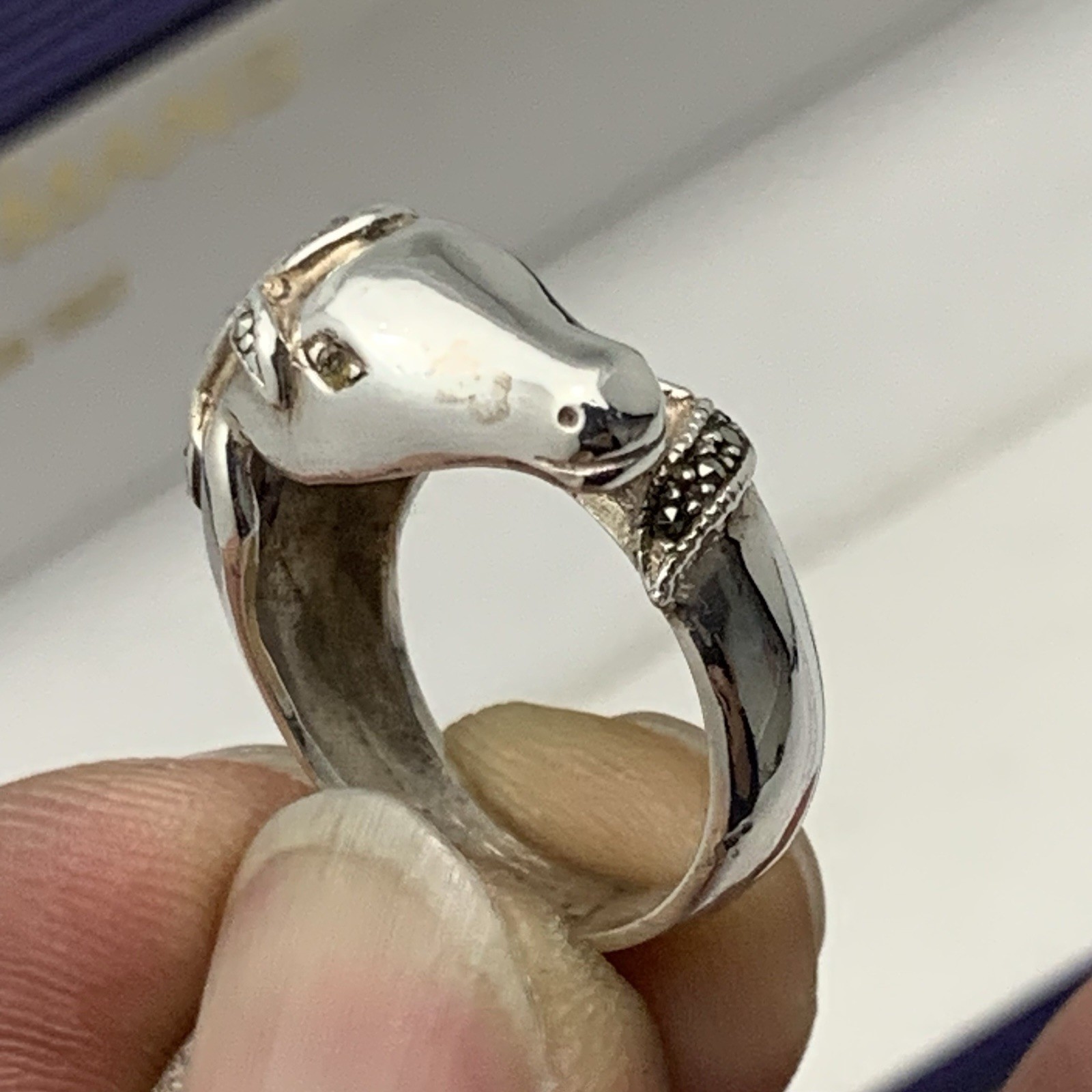 Unique Solid Silver Marcasite Horse Head Ring Ide… - image 8