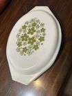 VTG Pyrex Divided Casserole 1 QT Spring Blossom Crazy Daisy Green Dish Oval Lid