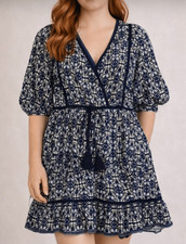 Max studio navy  floral faux wrap puff sleeve dress large