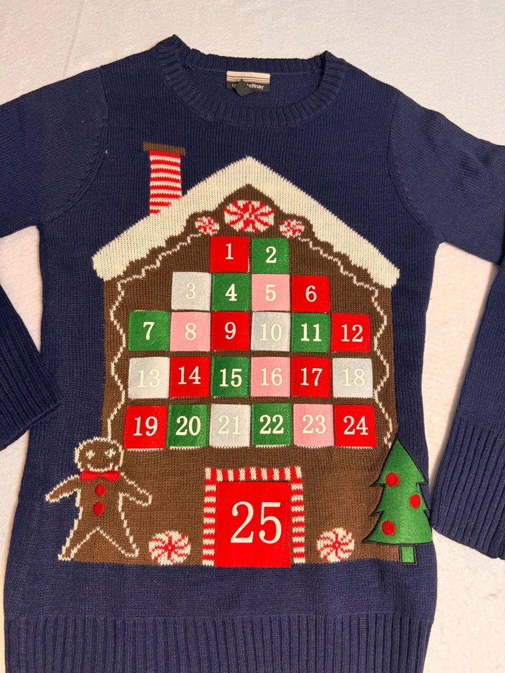 Allison Brittney Calendario de Adviento Feo Navidad Suéter Azul Mujer Pequeño Foto 2 de 4