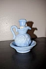 Vintage Avon Perfume Bottle Pitcher With Bowl Milk glass with Blue Swirl