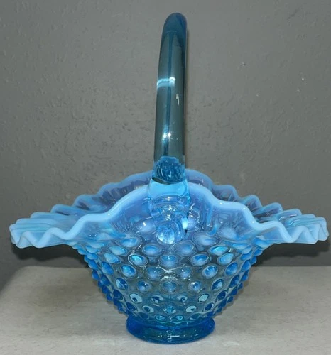 Vintage Fenton Blue Opalescent Hobnail Ruffled Glass Basket with Handle 7 1/2”