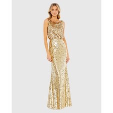 Mac Duggal 93645 Gold Sequined Sleeveless High Neck Formal Cocktail Gown Size 6