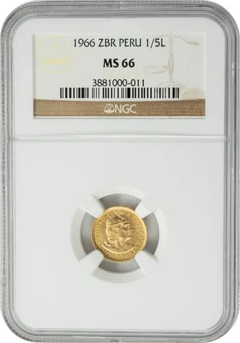 1966 ZBR Peru Gold 1/5 Libra .04708 AGW MS66 NGC 950559-1