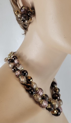 Vtg Vendome 2 Strand Faux Pearl Mauve Purple Glass Necklace Earrings Set Signed - Picture 8 of 24