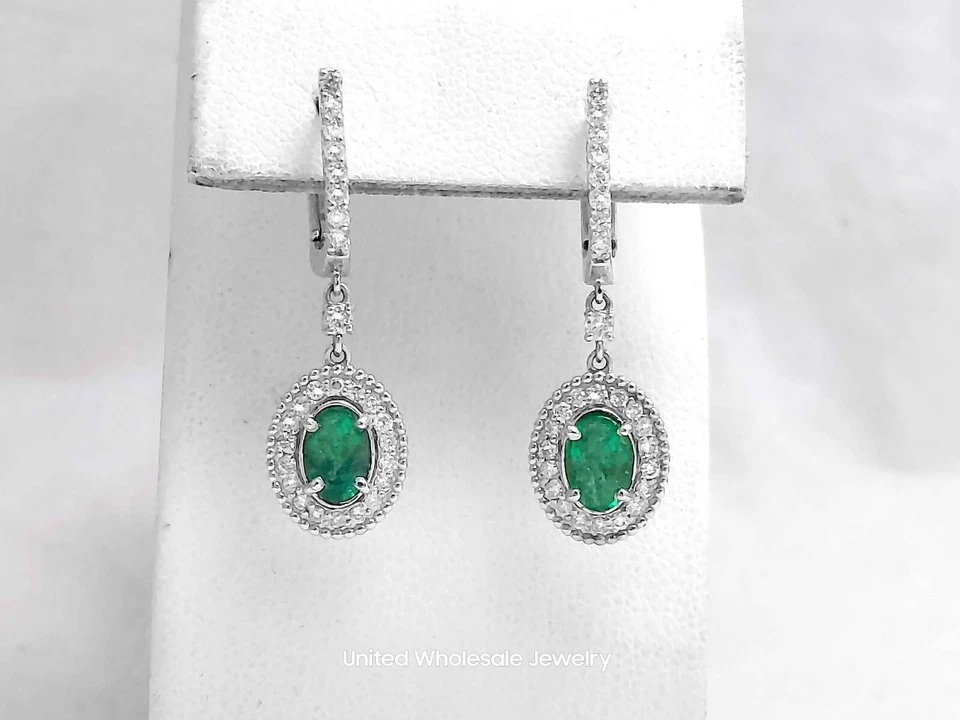 1.92ct Genuine Mined Emerald & Diamond Dangle/Hoop Earrings In 14K White Gold - Image 2 of 4
