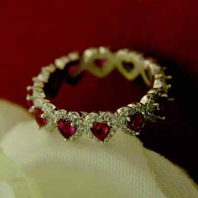 Lab-Created Red Ruby 2.5Ct Heart Cut Eternity Wedding Ring 14k White Gold Plated