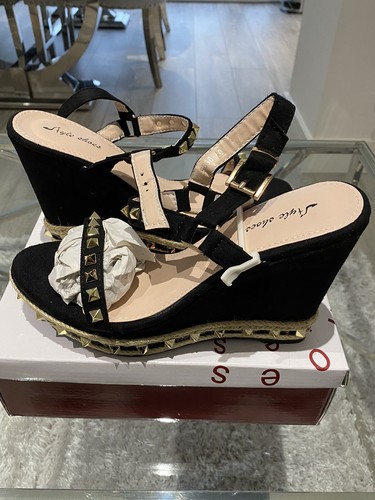 Black Suede Wedges With Gold Stud Detail And Ankle Strap. | eBay