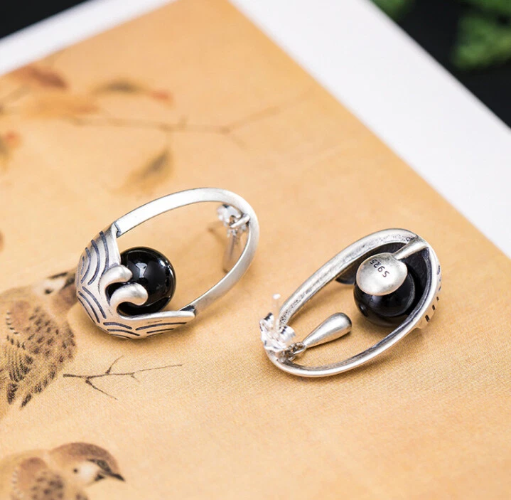 I04 Orecchini Ovale Con Motivo Onde Nero Agata Argento Sterling 925 - Immagine 4 di 4