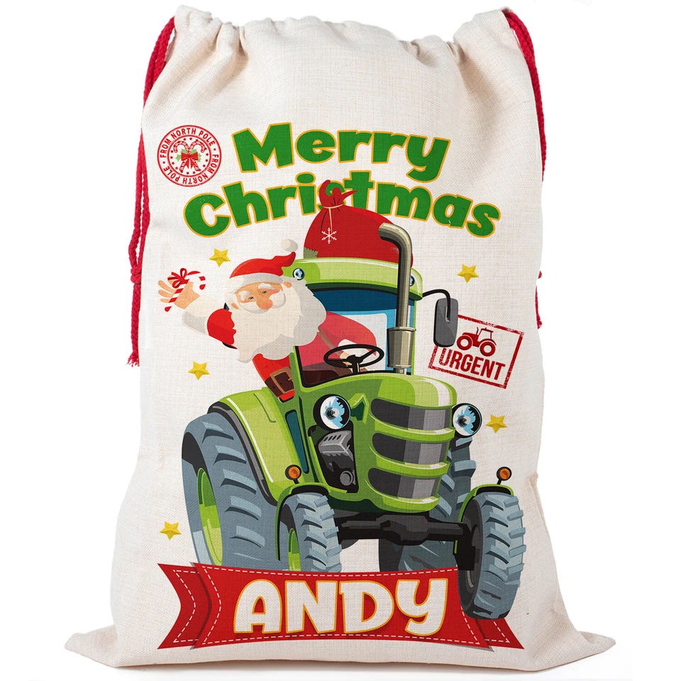 Tractor Christmas Sack Santa Present Stocking Personalised Gift Bag Farmer