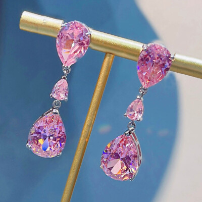 New Waterdrop Shape Pink Topaz Gemstone Charm Women Silver Dangle Earrings
