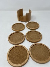 Vintage 6 Coaster Set W/Blonde Wood Holder and Inlaid Cork
