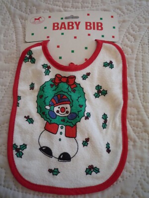 Christmas Holiday Baby Bib by Hobby Horse Snowman with Wreath & Holly Red Trim