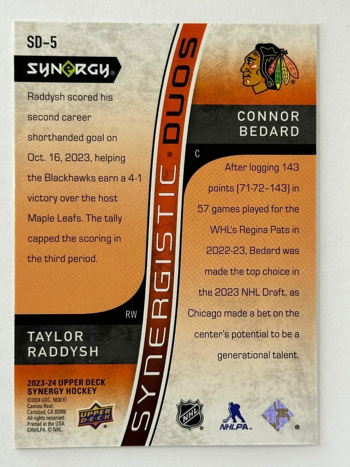 2023-24 UD Synergy - Synergistic Duos #SD-5 Connor Bedard, Taylor Raddysh (RC) - Image 2 of 2