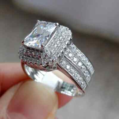 3Ct Radiant Cut Lab Created Diamond Women's Wedding Ring 14K White Gold ...